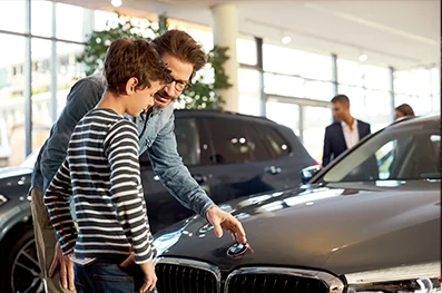 A customer with a sales associate being shown a car